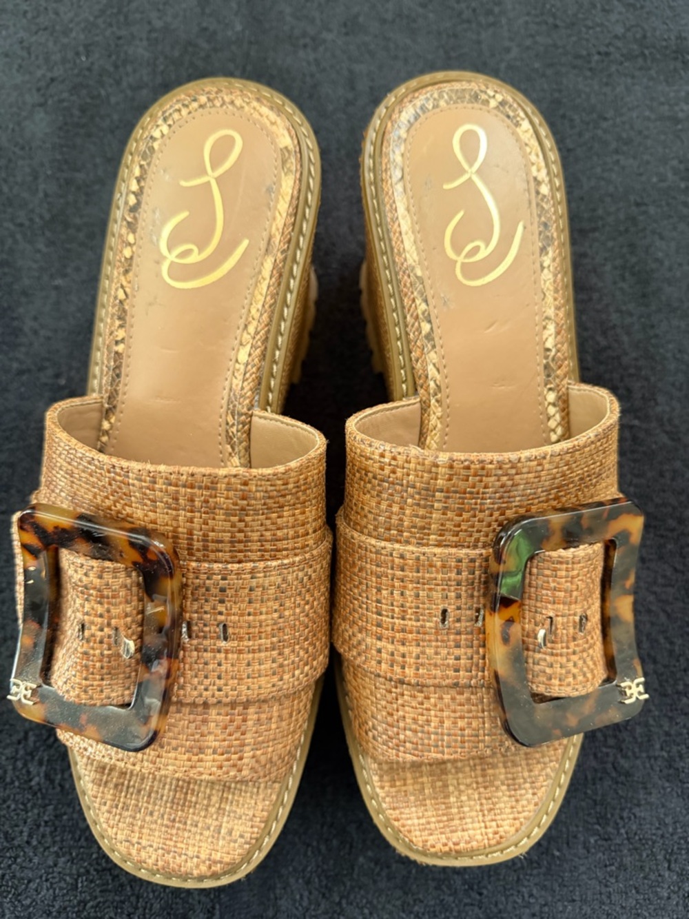Sam Edelman Woven Tan Slide Sandals with Tortoiseshell Buckle Size 9